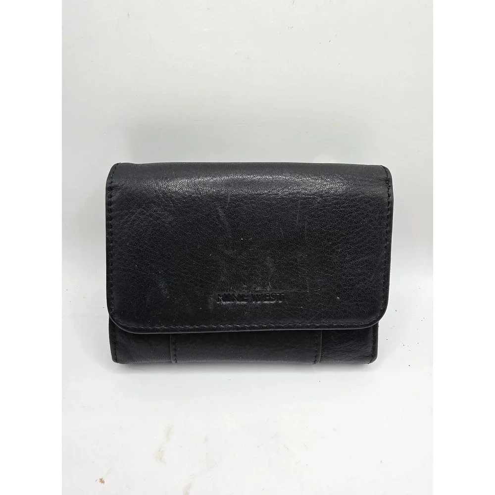 Nine West Black Faux Leather Trifold Wallet with Zip Coin Pocket and ID Window